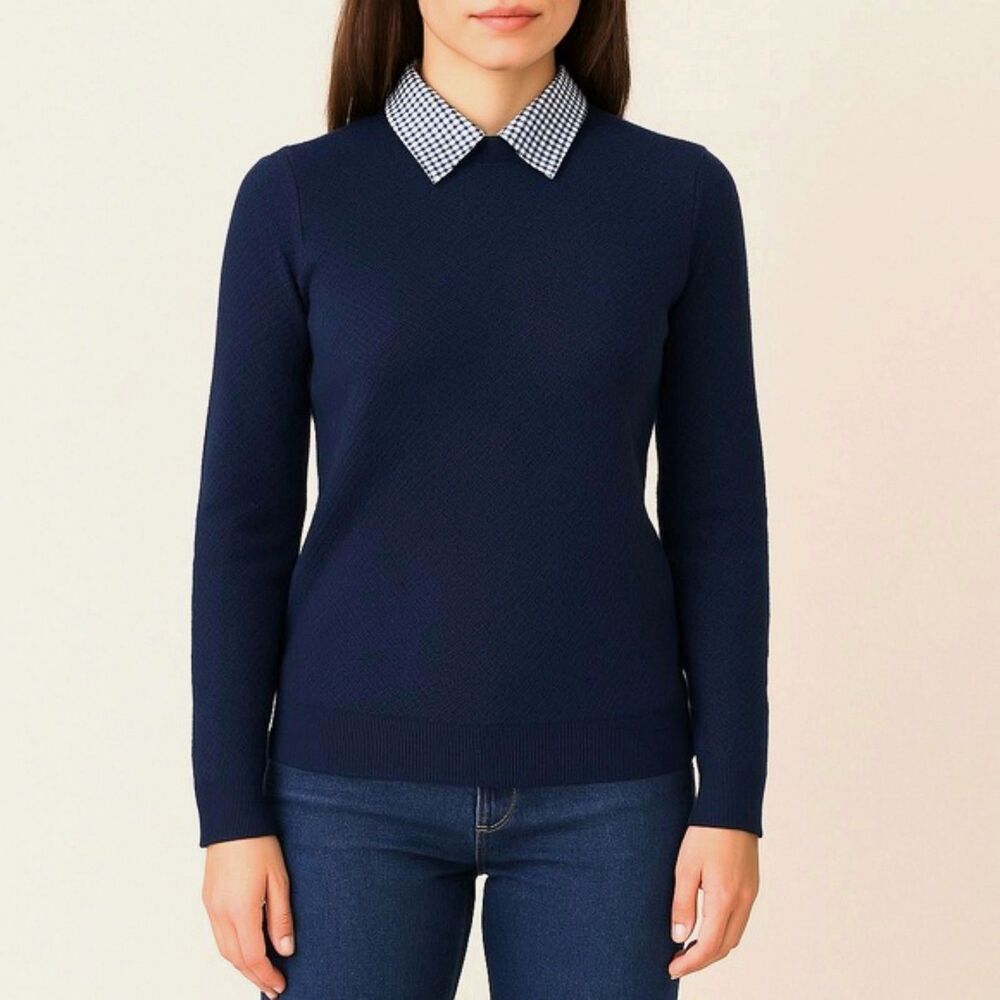 NWT J. Crew Gingham Collar Navy Blue Pique Knit Pullover Sz XS NEW Spring Preppy